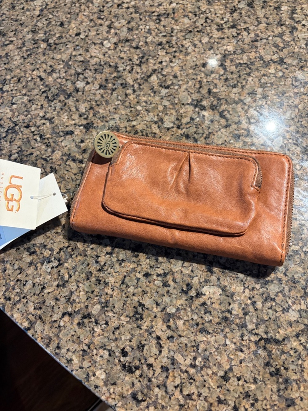 UGG Leather Zip-Around Wallet in Cognac Brown with Front Pocket